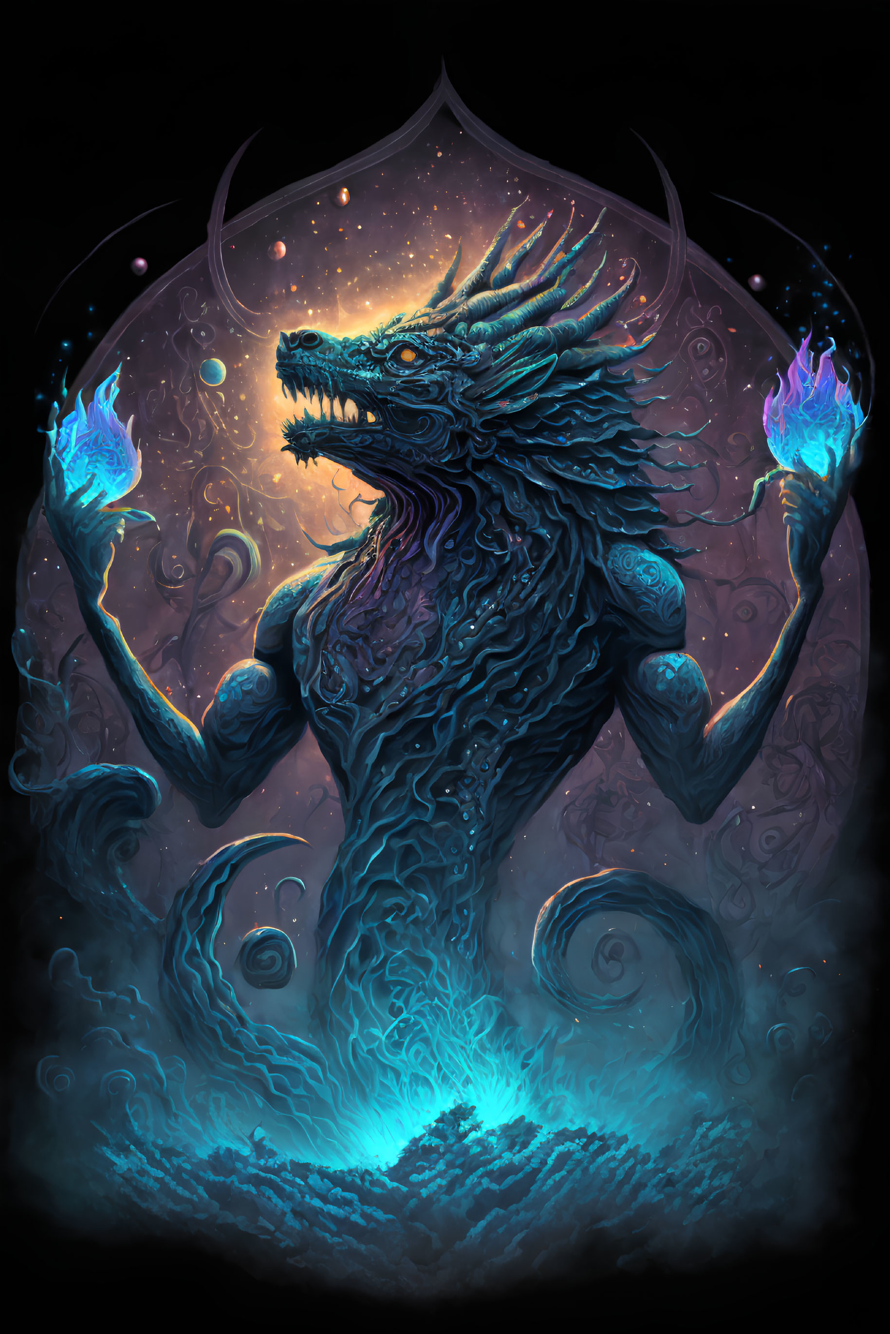 Mystical dragon-like creature with flames and water on dark background
