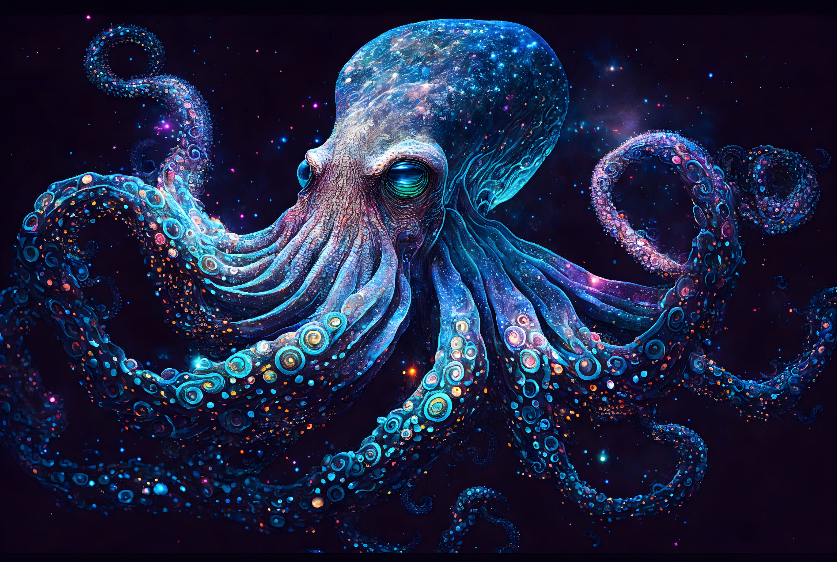 Colorful Octopus Illustration with Cosmic Space Background