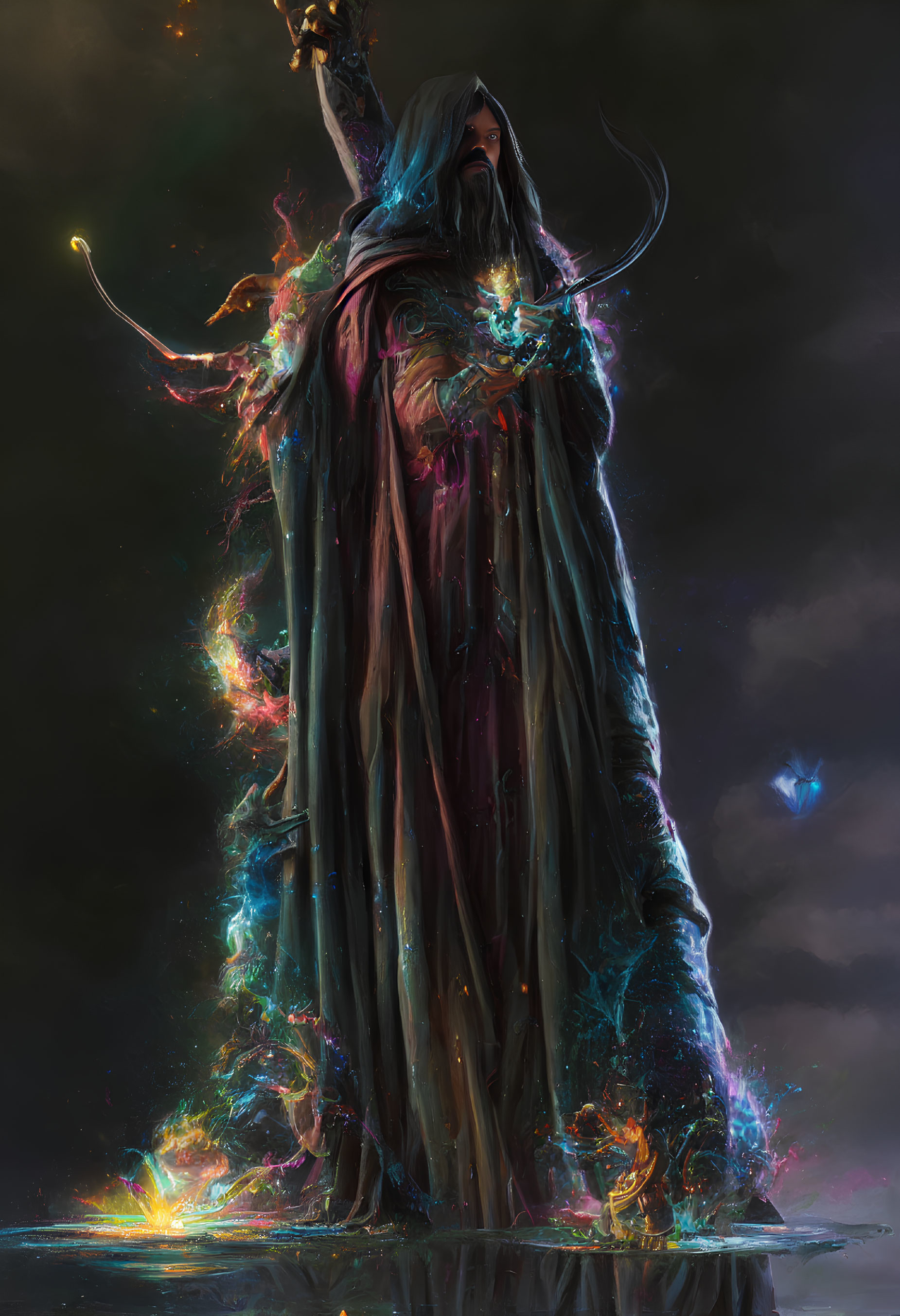 Mystical figure in flowing robes with magical energy and butterflies