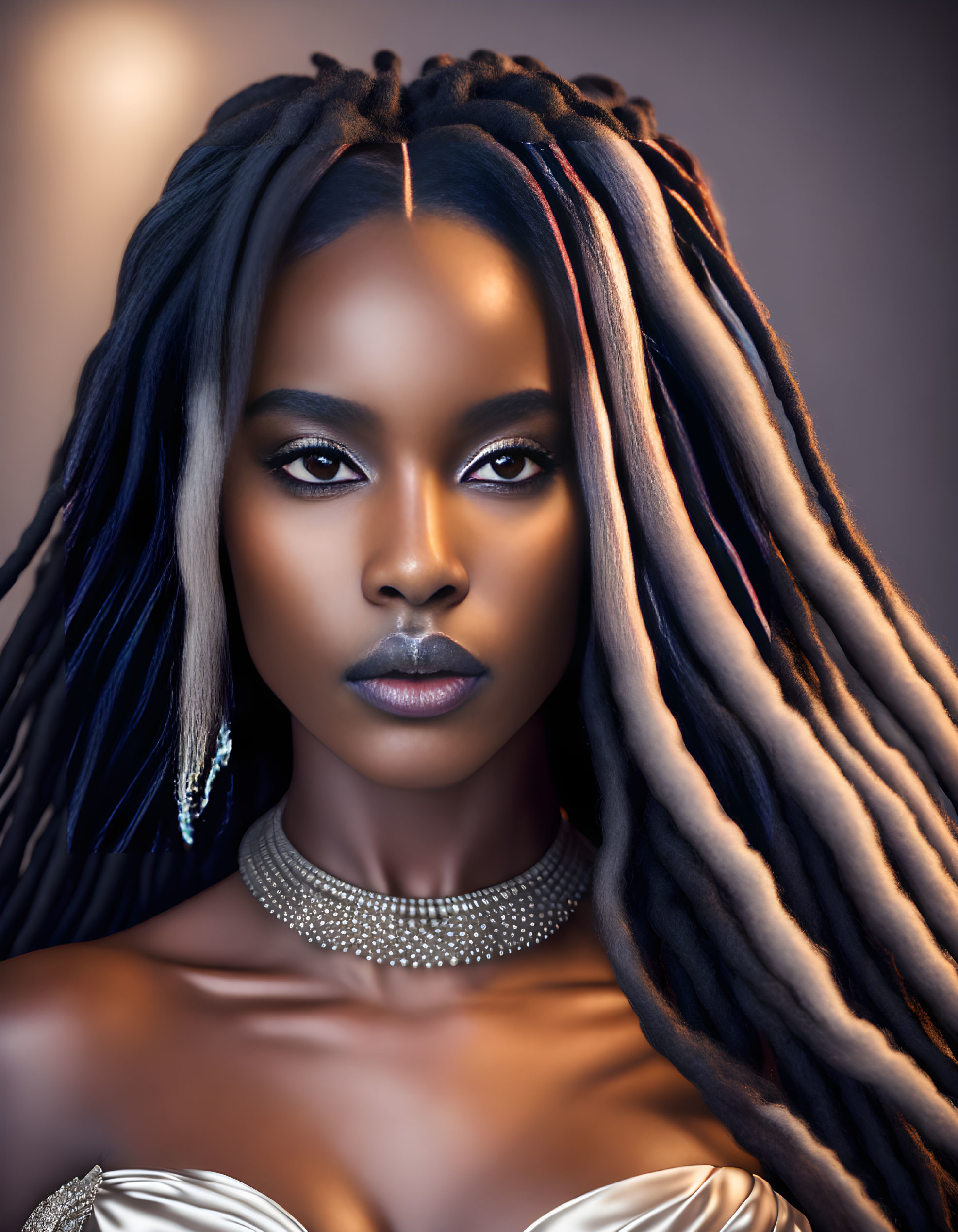 Portrait of woman with striking makeup, long dreadlocks, elegant earrings, and choker exudes confidence