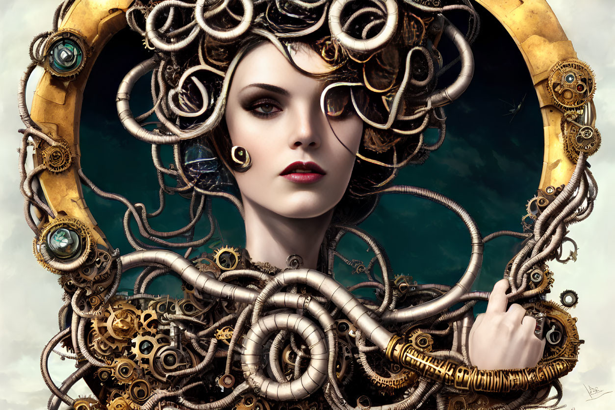 Elaborate Steampunk Headdress with Mechanical Gears and Stormy Sky