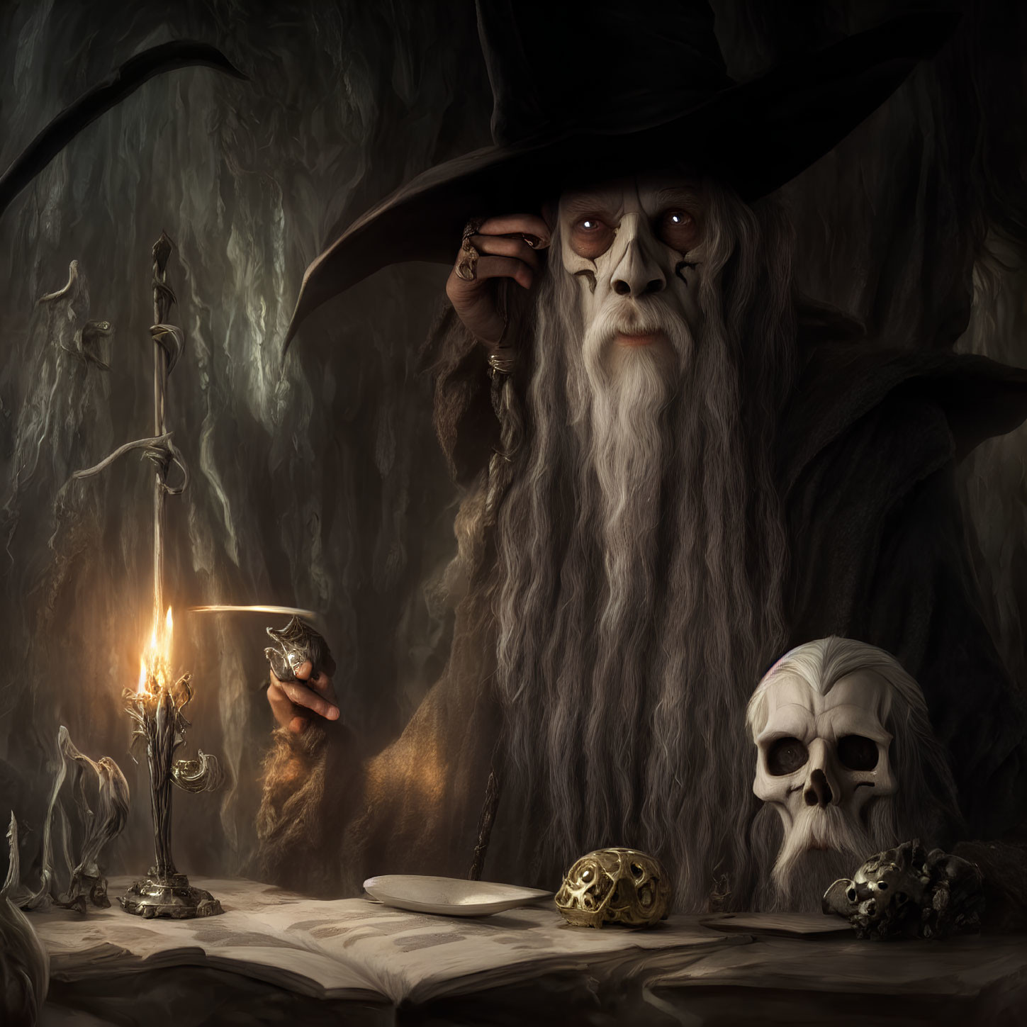 Elderly wizard with long beard, hat, candlestick, open book, skulls, melting candles