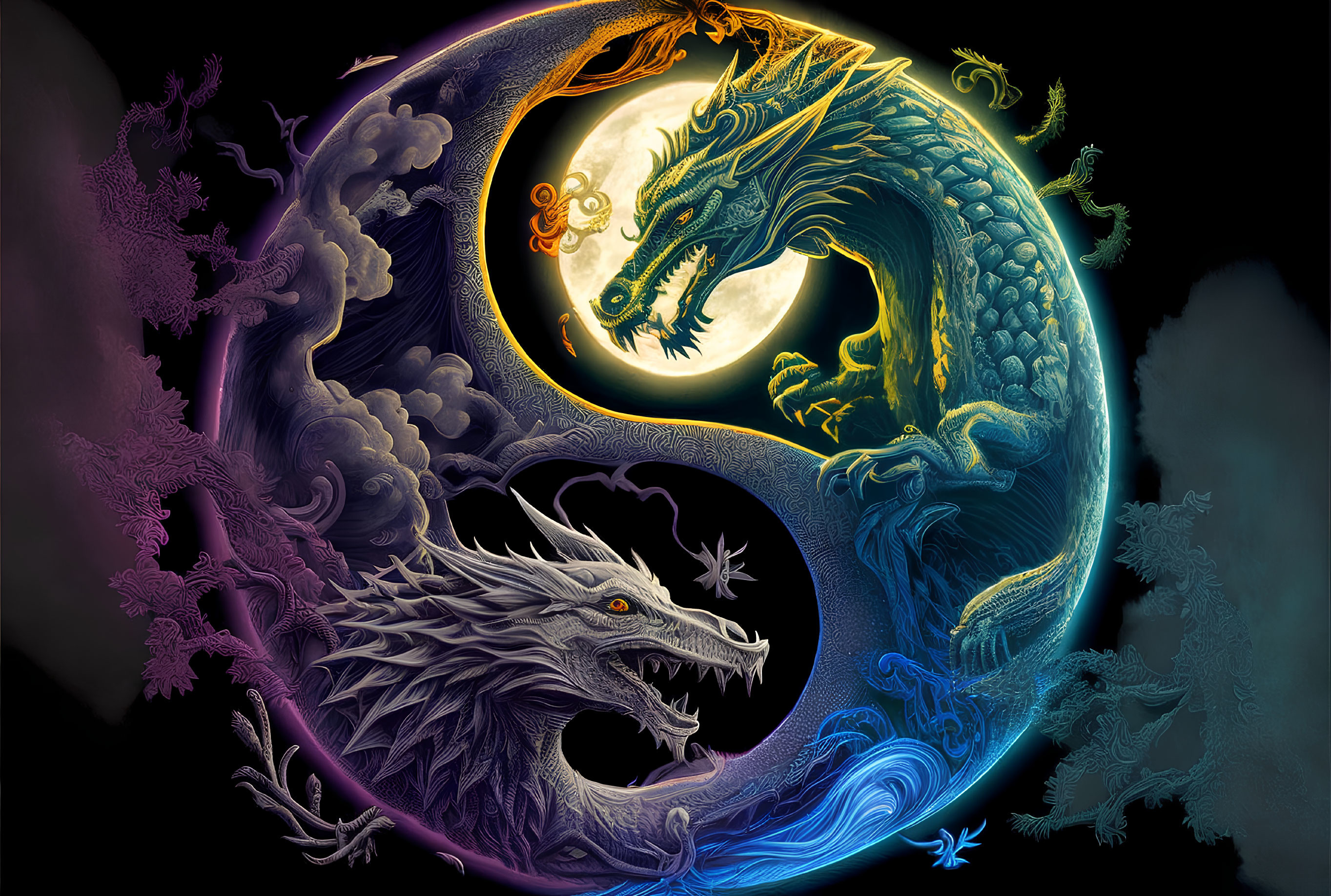 Dual Dragons Yin-Yang Artwork: Golden and Silver Dragons in Harmony