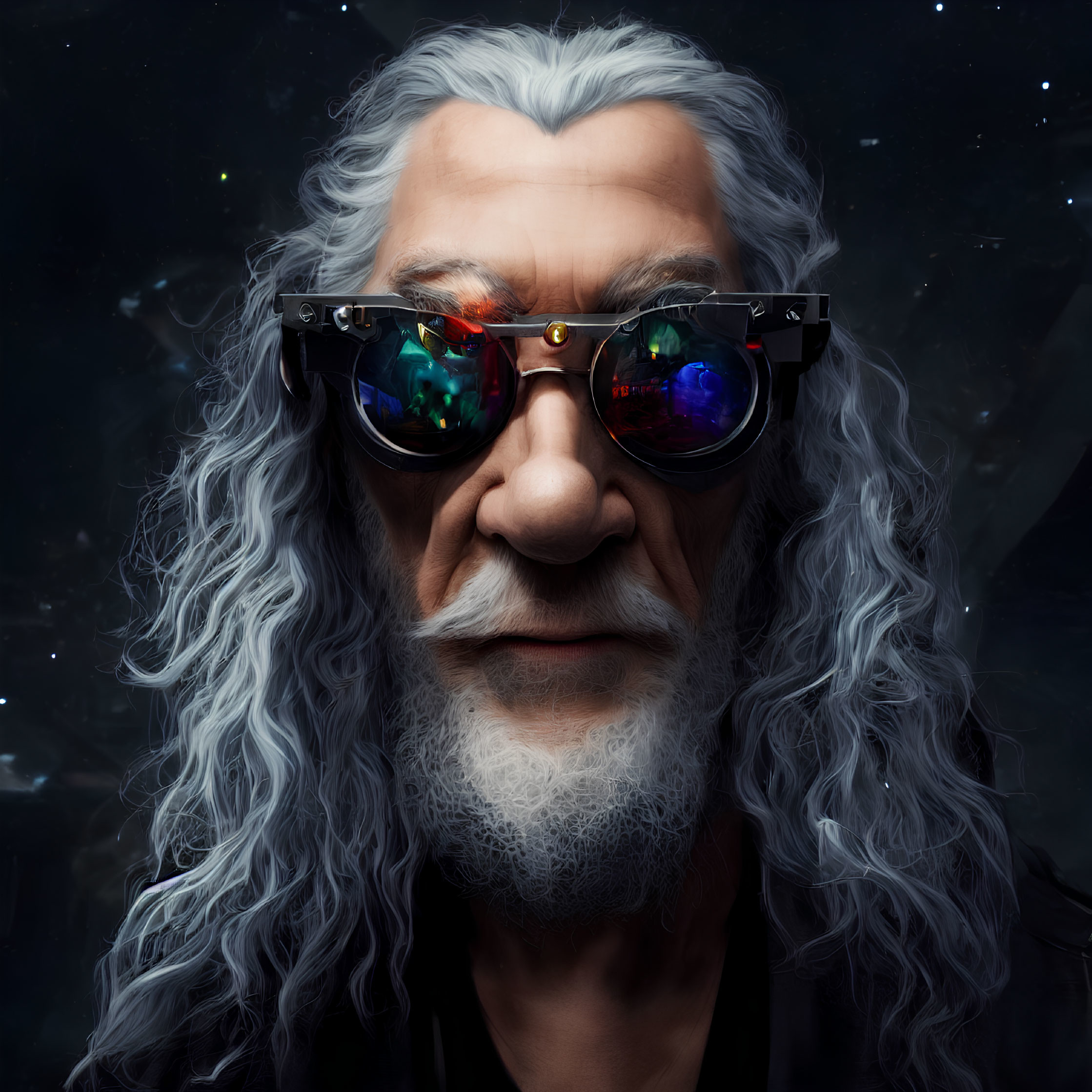 Elder with Long Gray Hair and Beard in Futuristic Glasses on Starry Night Sky