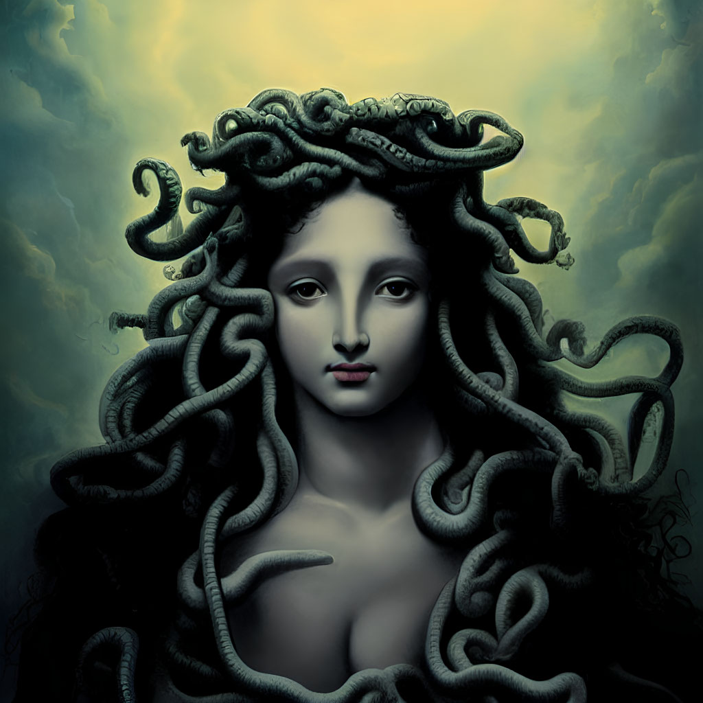 Mythical woman with snake hair and cloudy background