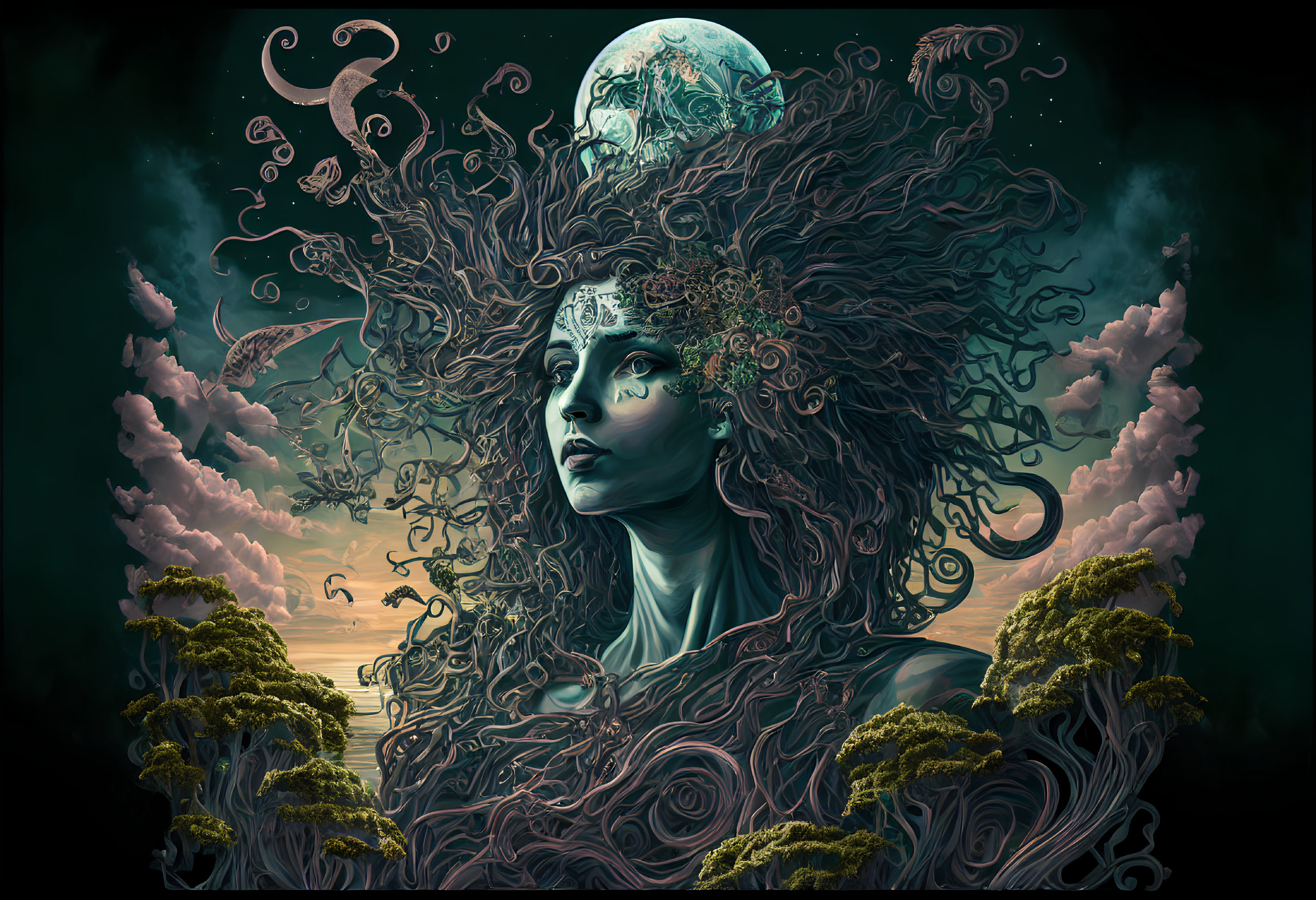 Surreal portrait of woman merging with night sky and tentacles