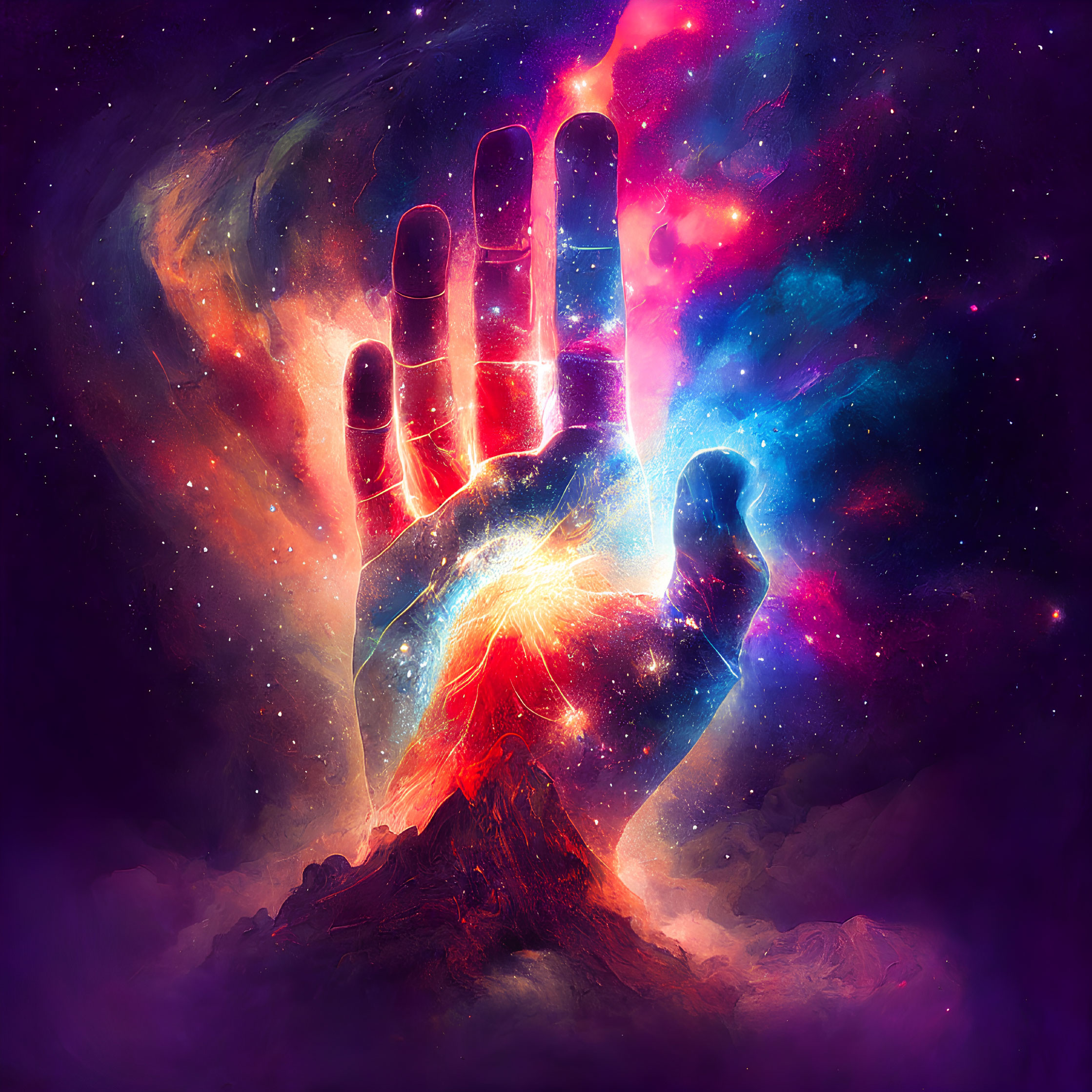 Vibrant cosmic digital artwork featuring a hand surrounded by nebulas and stars
