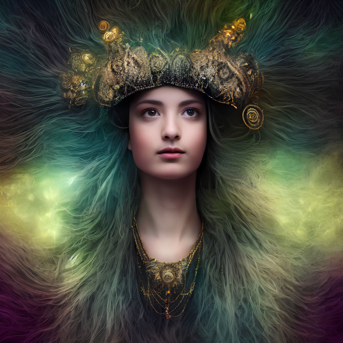 Regal woman in gold headdress with multicolored background