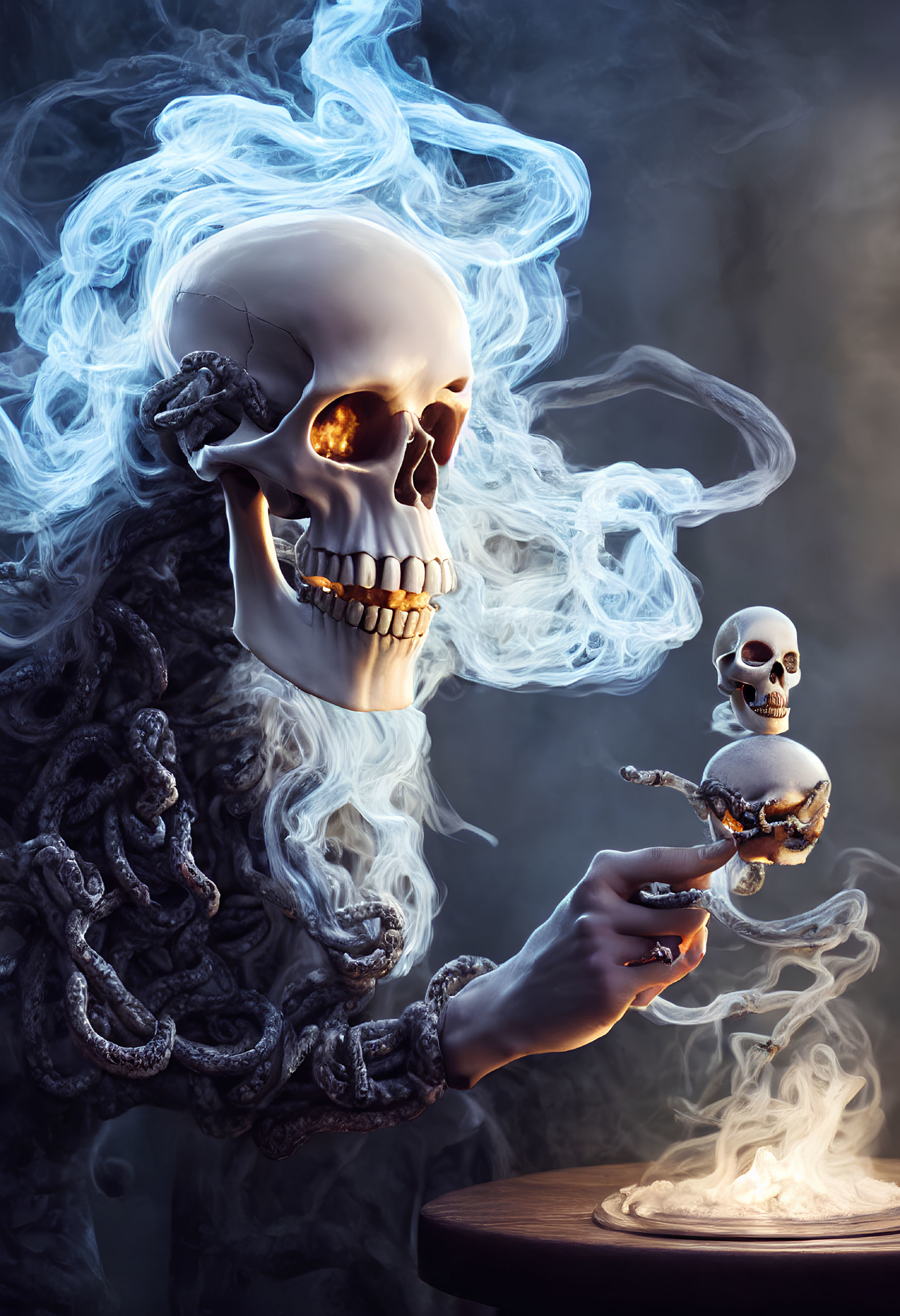 Skeletal figure with skull in blue smoke and tentacles