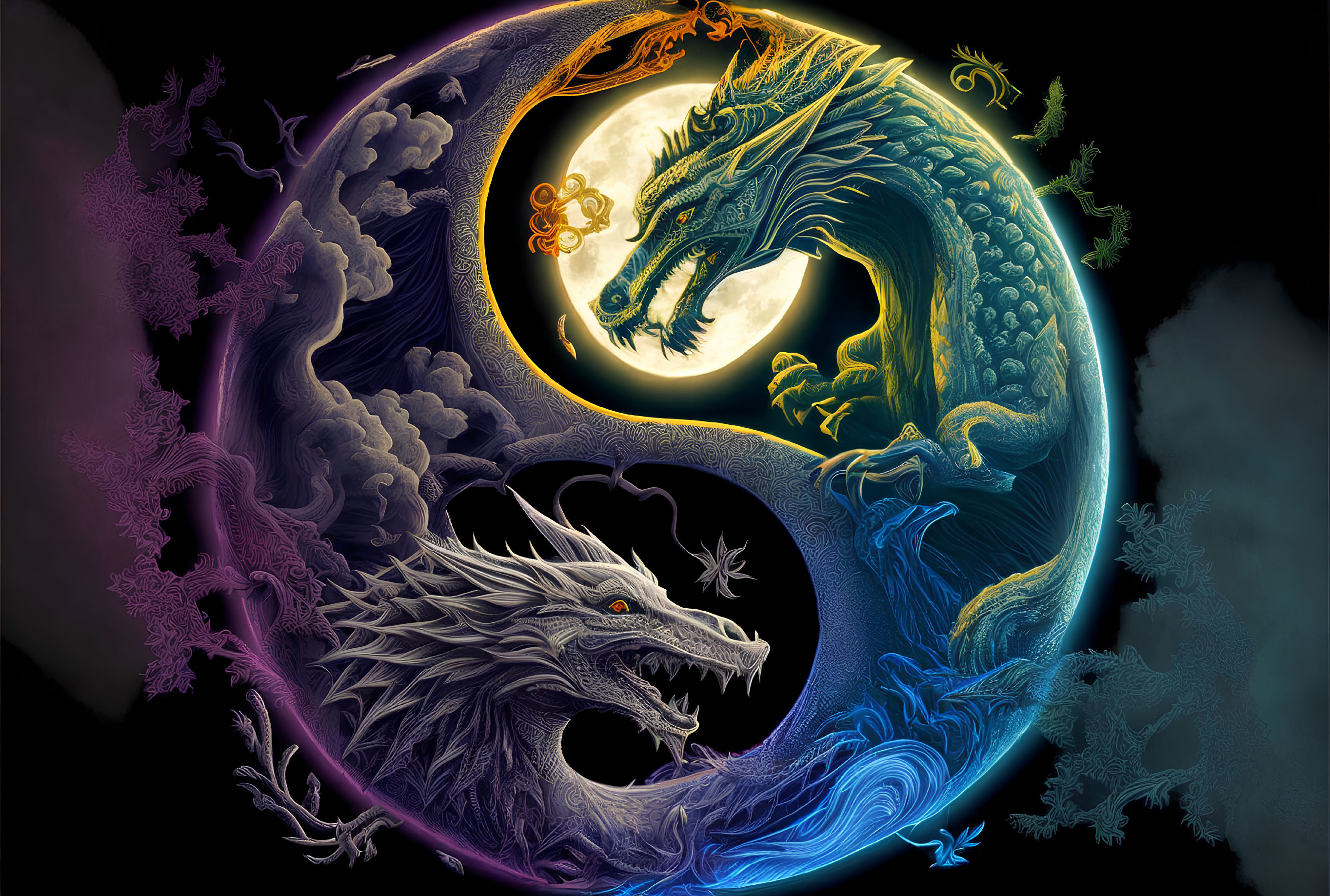 Illustration: Dragons circling sun and moon yin-yang symbol