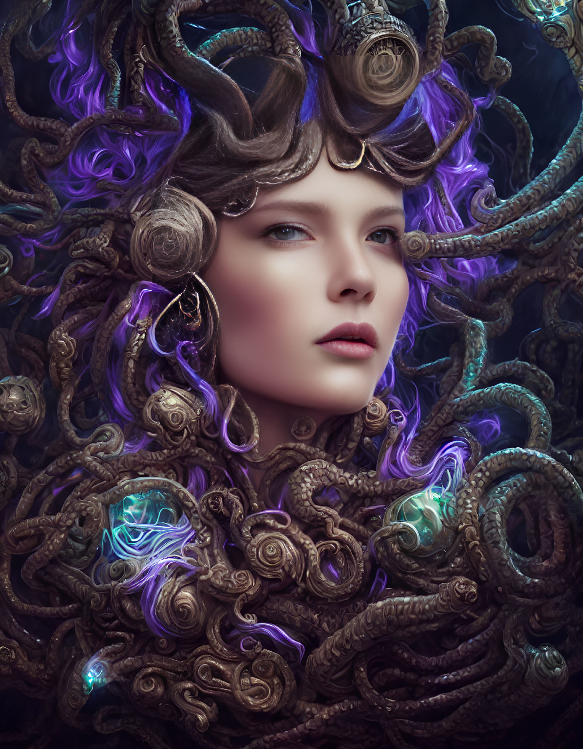 Fantastical woman portrait with tentacle headdress and glowing elements.