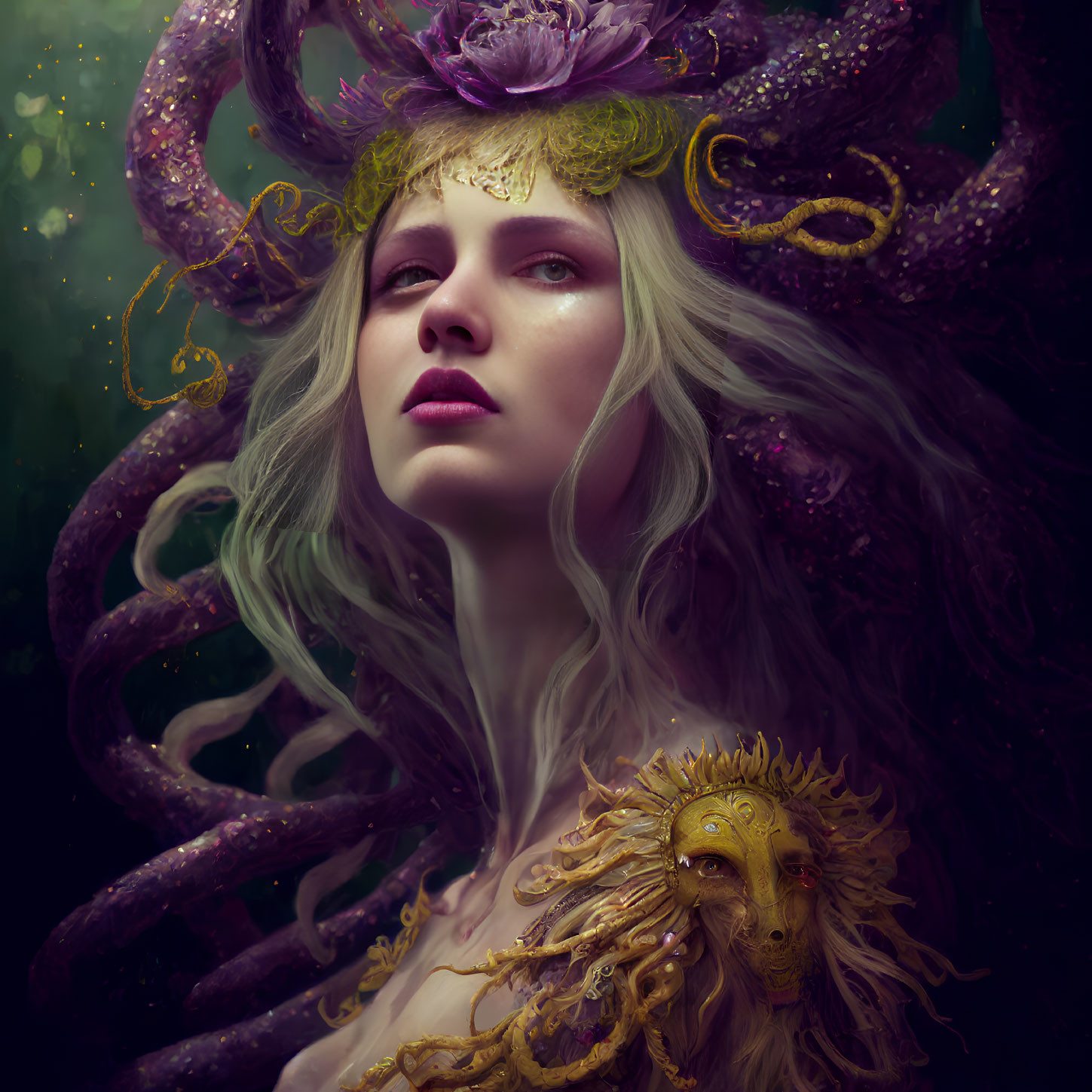 Fantasy portrait of woman with pale skin, light hair, purple octopus headdress, holding golden