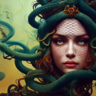 Whimsical fantasy portrait of woman with green flower hair on misty background