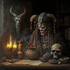 Elderly wizard with long beard, hat, candlestick, open book, skulls, melting candles