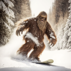 Large creature snowboarding on snowy hill with trees in background