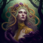 Portrait of woman with pale skin and white hair, wearing purple flower crown amidst dark vines