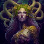 Digital art portrait of a woman with serpent-like horns and golden vine adornments