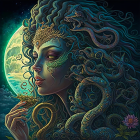 Digital artwork features woman's profile with ornate floral and insect embellishments on a luminous moon backdrop