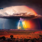 Dramatic desert thunderstorm with lightning, rainbow, and cumulonimbus cloud