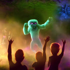 Colorful Fantasy Scene: Crowd Reaches for Blue Creature in Forest