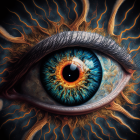 Detailed Blue Eye with Intricate Iris Patterns Surrounded by Fiery Orange and Black Tendrils