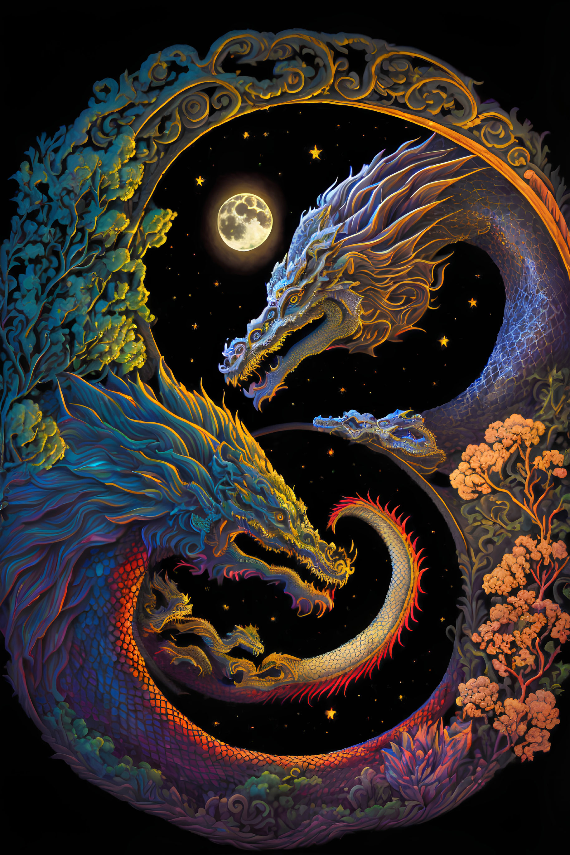 Intricate yin-yang dragons with foliage, moon, and stars in vibrant colors