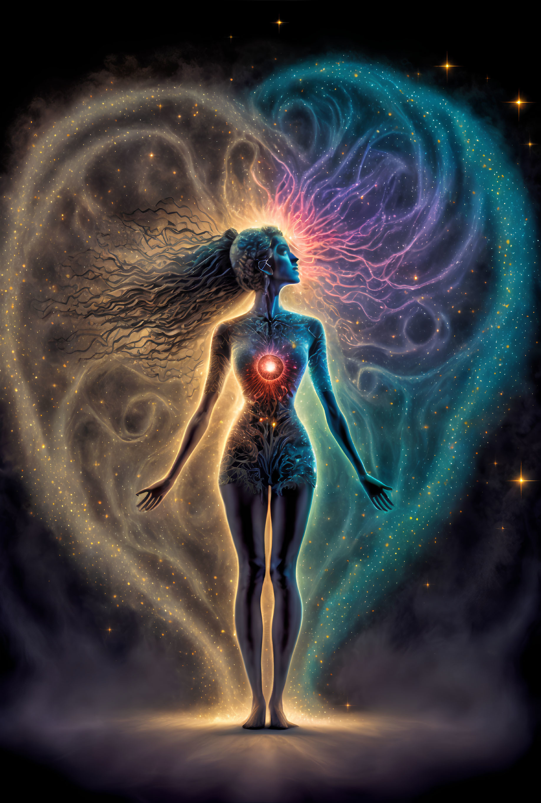 Illustration of human figure with glowing heart in cosmic setting