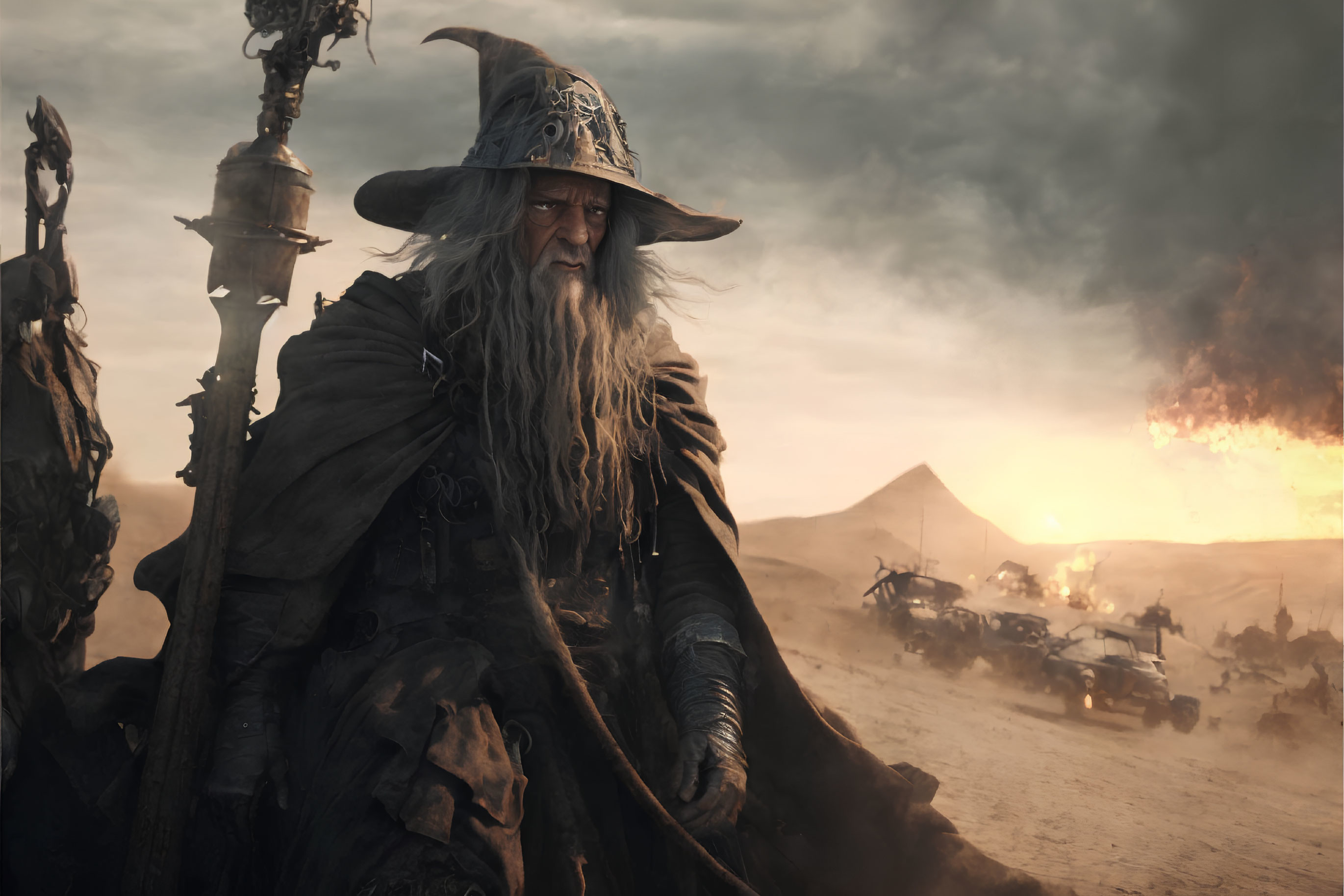 Wizard with long beard in desert with burning structure and war machines.