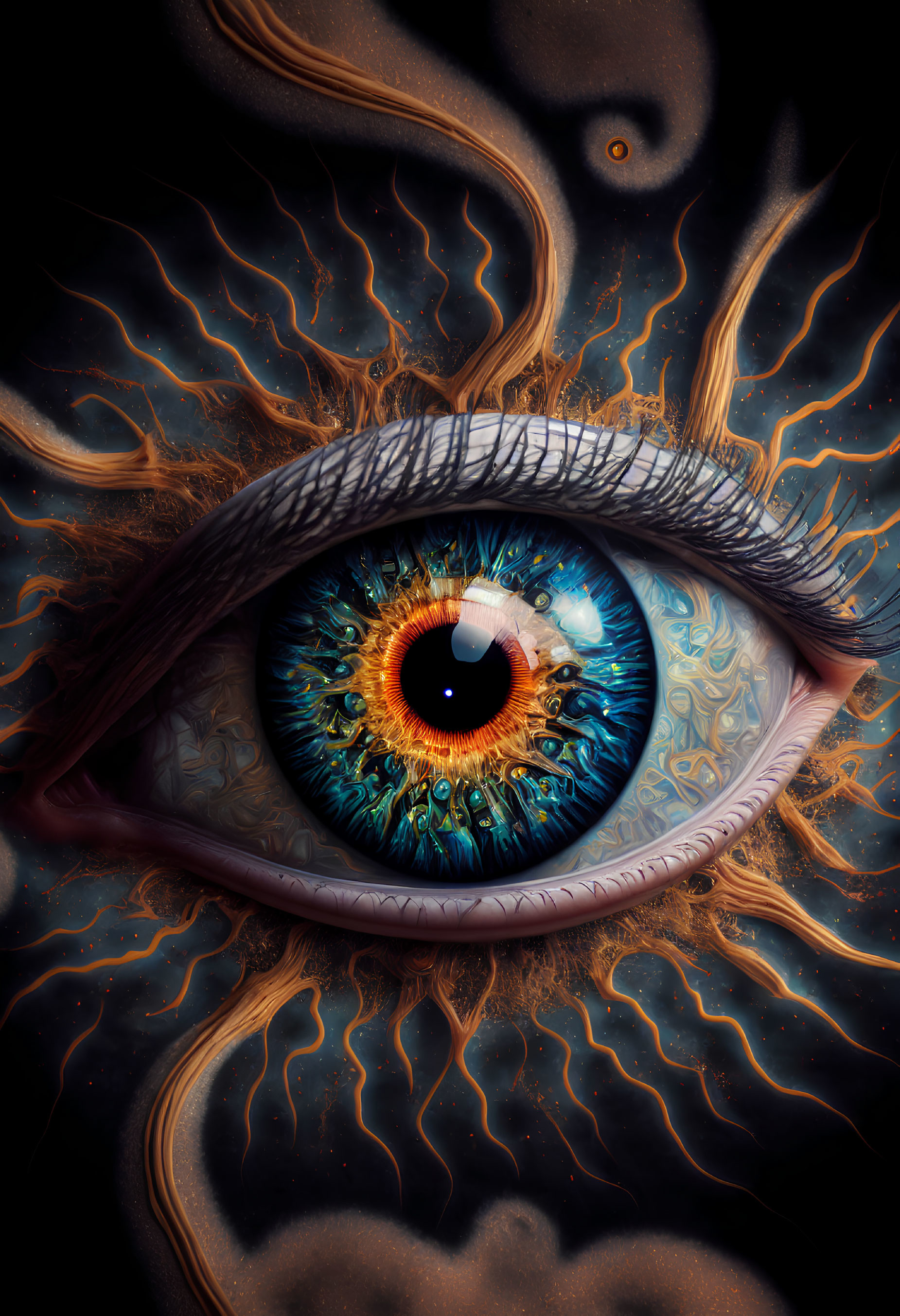 Detailed Blue Eye with Intricate Iris Patterns Surrounded by Fiery Orange and Black Tendrils