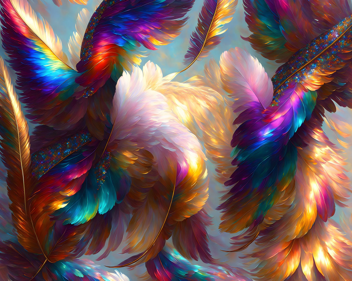 Multicolored feathers with luminous, iridescent quality