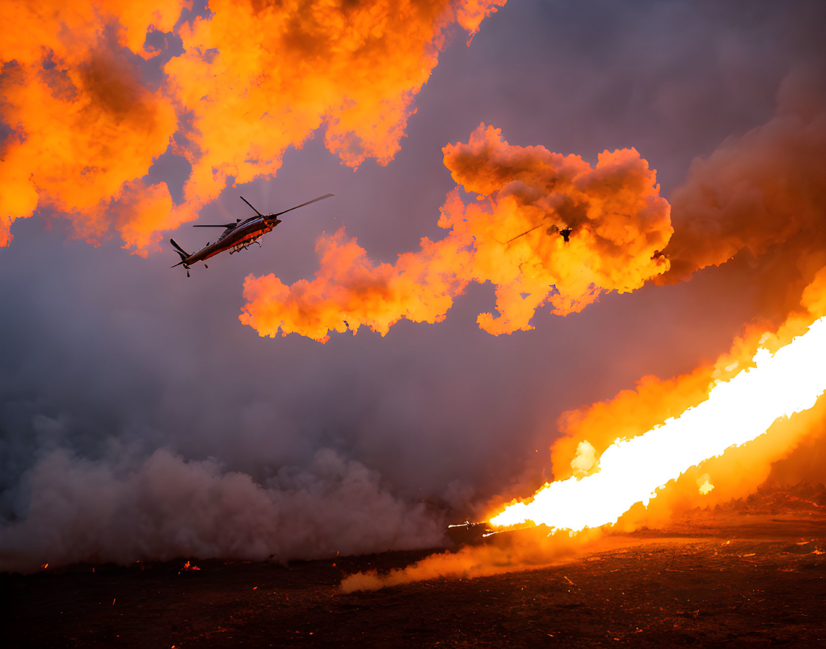 Wildfire helicopters battling intense flames and thick smoke