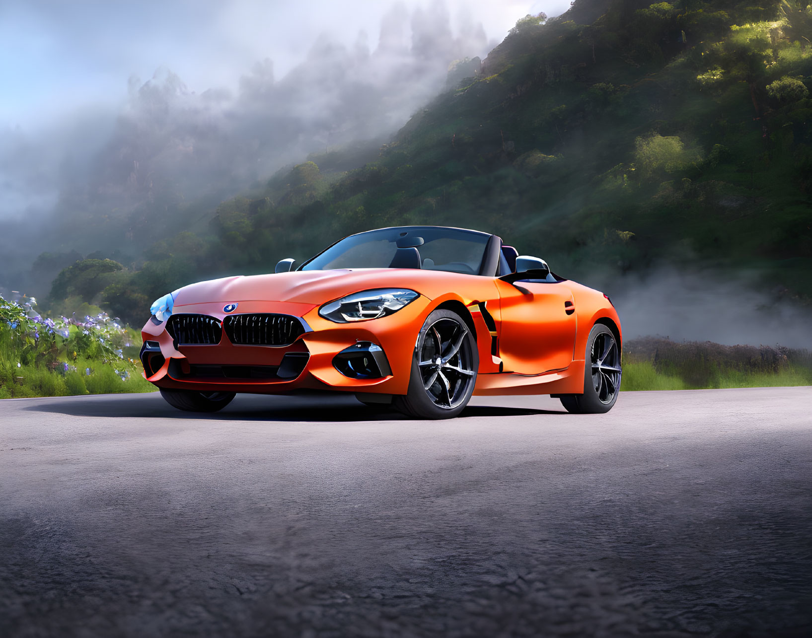 Bright orange convertible sports car on foggy mountain road.