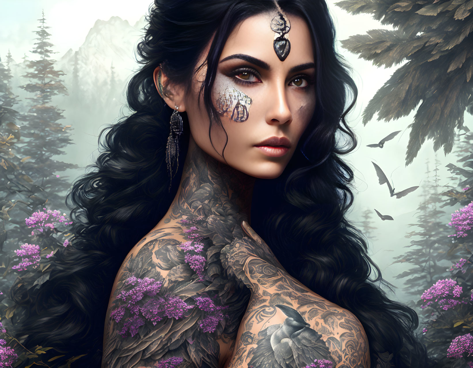 Intense dark-haired woman with tattoos and forehead jewel, set against mountain backdrop.