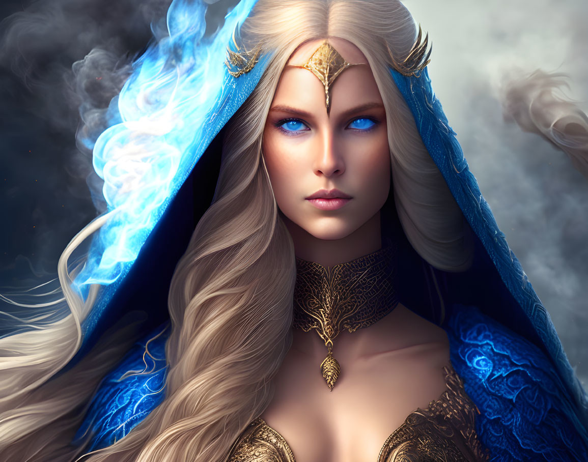 Fantastical female figure with glowing blue eyes and golden jewelry