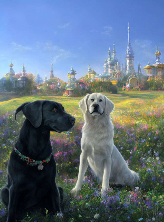 Two dogs in vibrant field with castle-like village