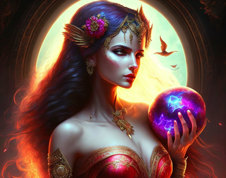 Mystical woman with elaborate headgear holding a glowing orb and bird in luminous circle