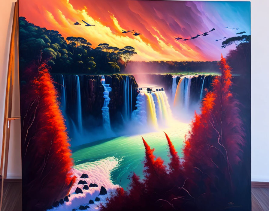 Colorful waterfall painting with red foliage, sunset sky, and flying birds