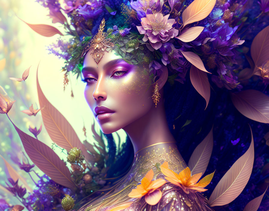 Fantastical portrait of a woman with purple flower crown and gold accents