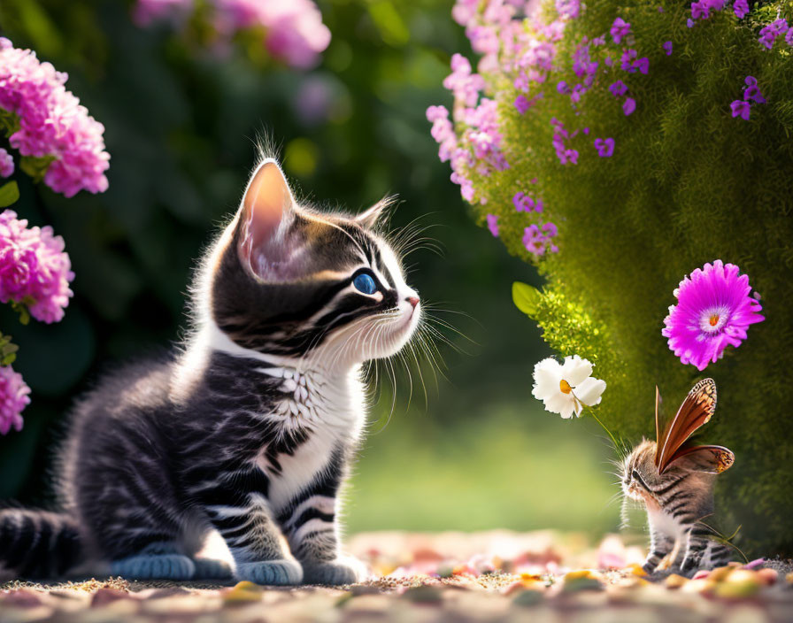 Curious kitten watching butterfly on flower in vibrant garden