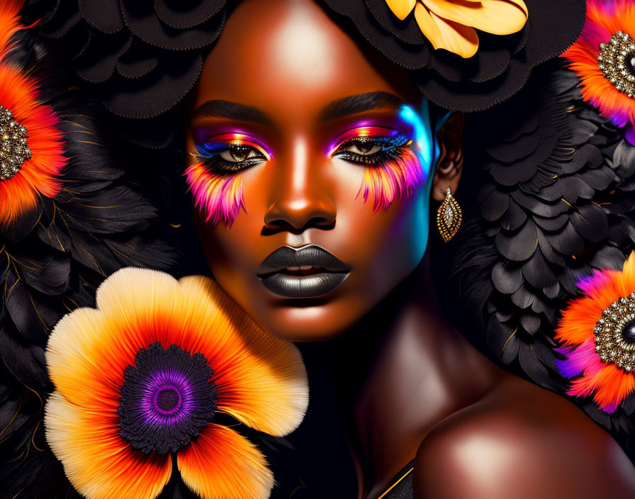 Colorful digital portrait of a woman with vibrant makeup and floral adornments