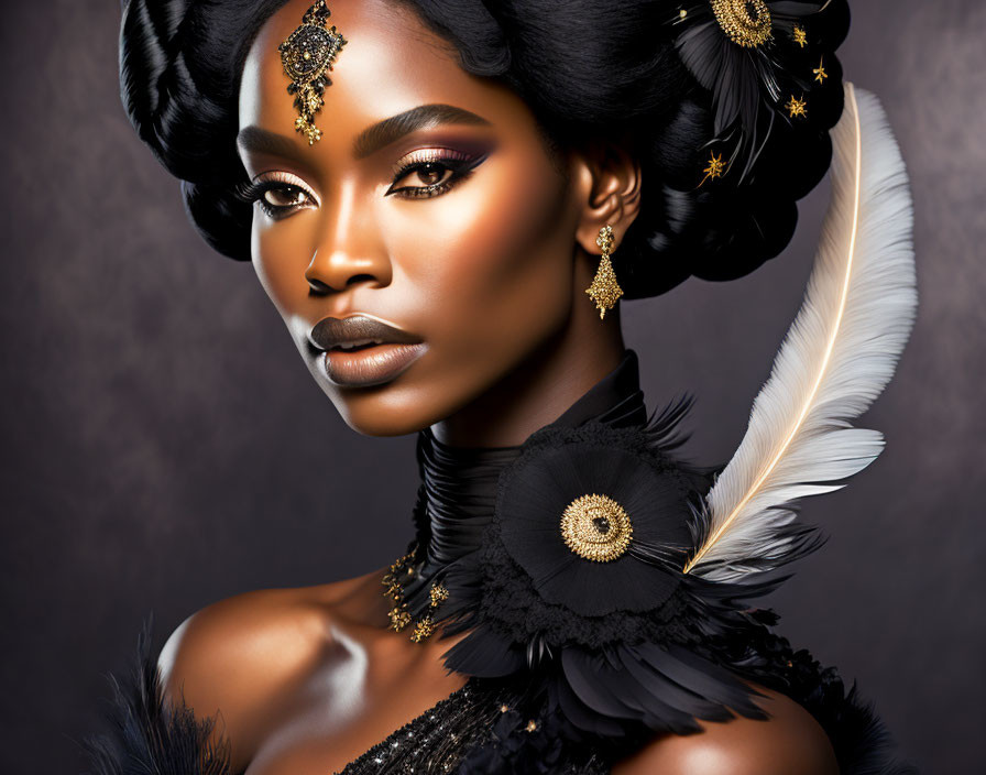 Elaborate Black and Gold Hair Accessories with Dramatic Makeup and Feathered Garment