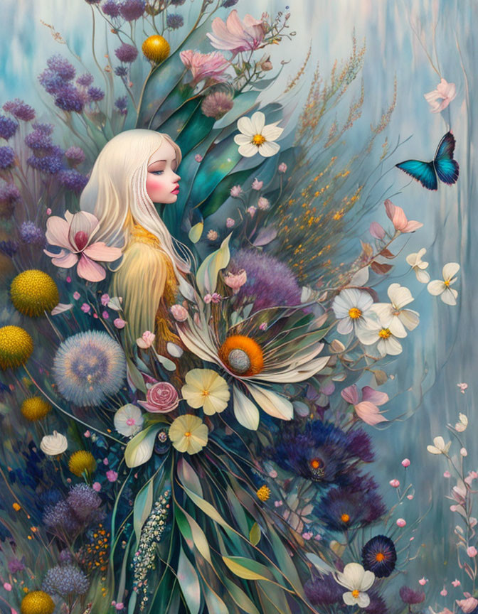 Pale-skinned woman with long white hair in serene setting with vibrant flowers and butterflies