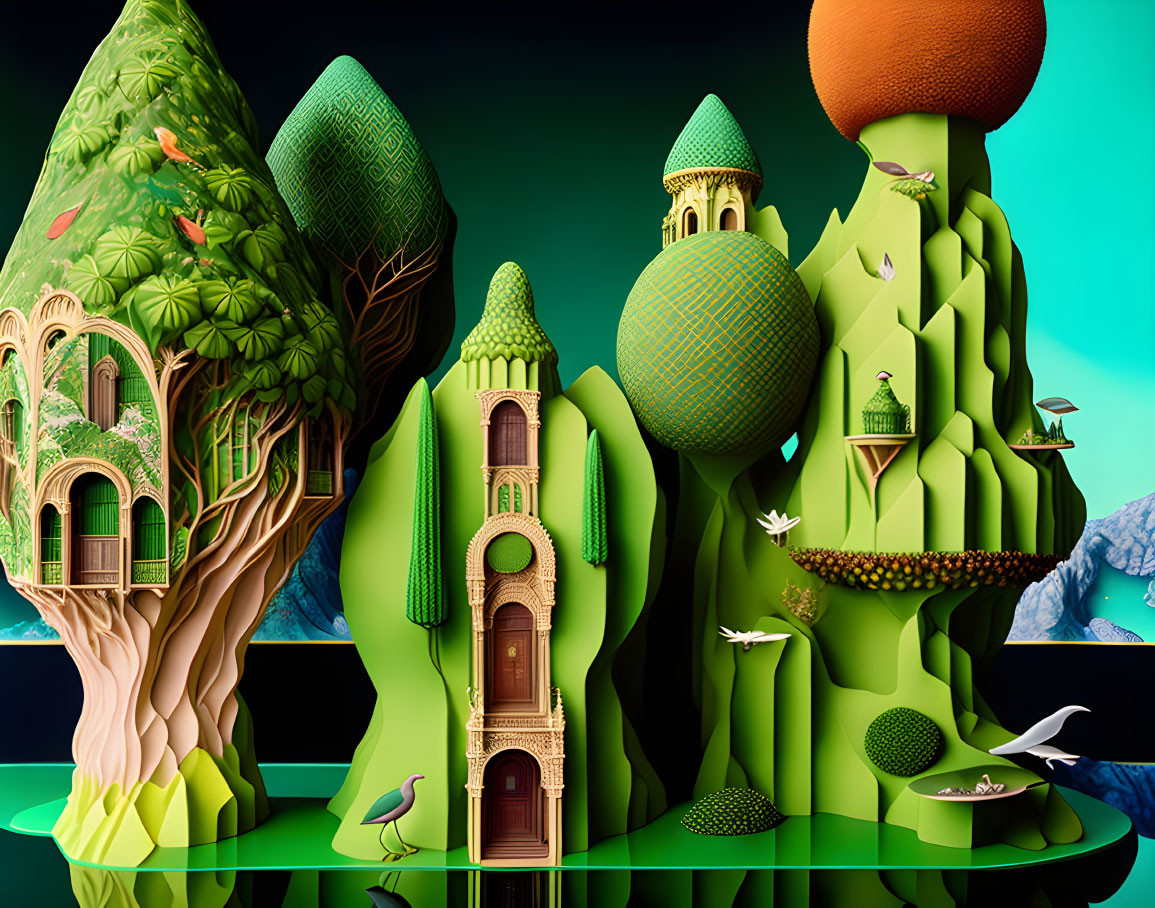 Colorful 3D fantasy illustration of green structures, trees, birds, and architecture on a floating