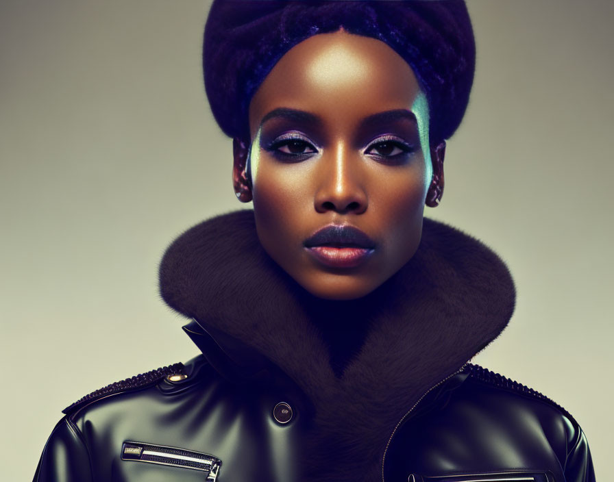 Fashionable woman in fur collar leather jacket and purple turban poses stylishly.