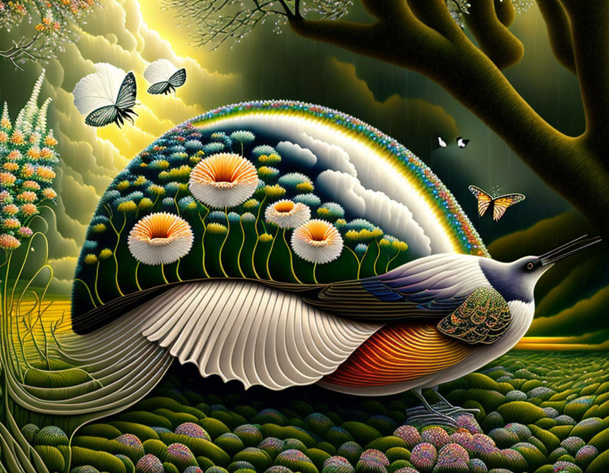 Colorful surreal artwork featuring stylized bird in rainbow plumage among butterflies and flora