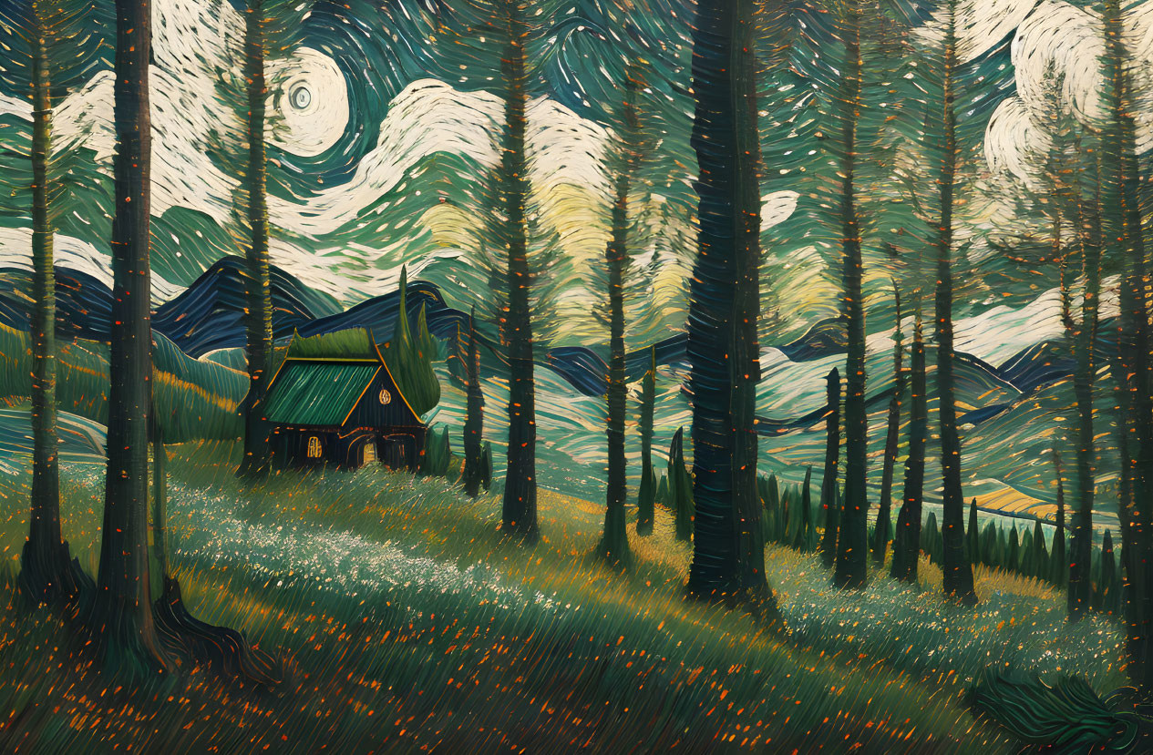 Stylized forest cabin scene with swirling trees and dynamic sky