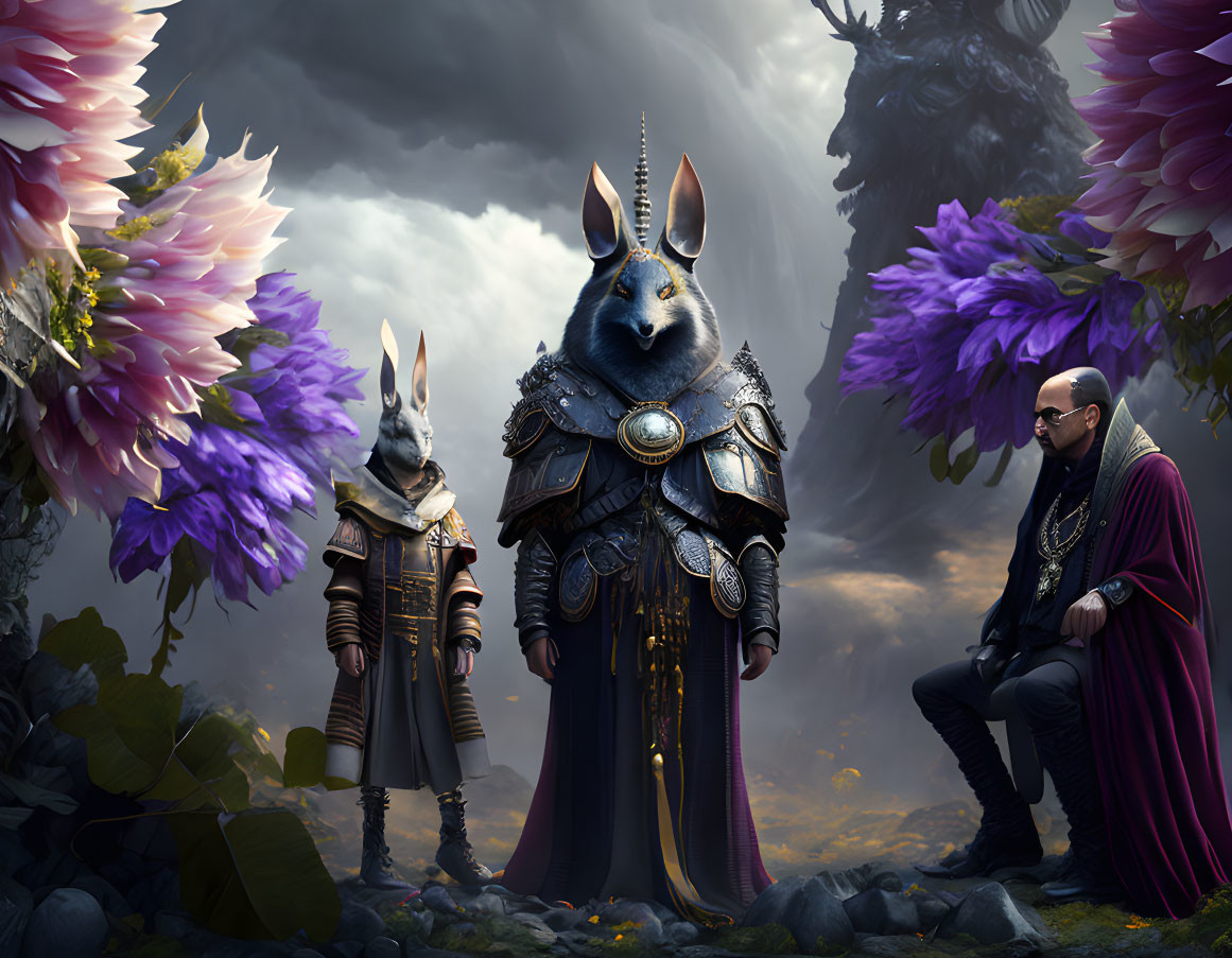 Fantasy illustration: humanoid rabbits in armor with seated human in mystical landscape