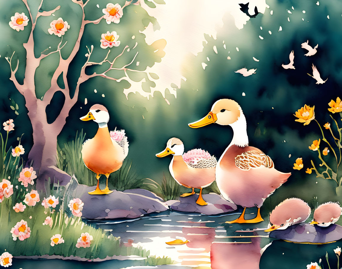 Tranquil forest scene with ducks, pink flowers, and fireflies