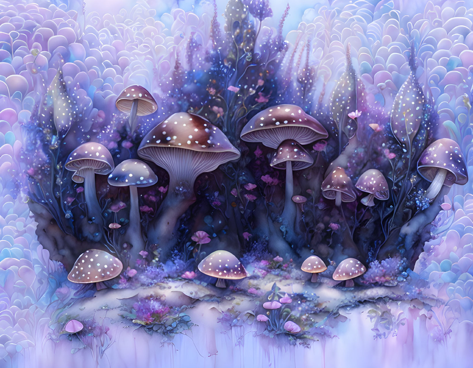 Enchanting glowing mushroom forest with purple and blue hues