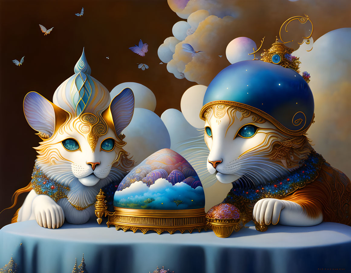 Ornate mystical cat figures with fantasy landscape under glass dome